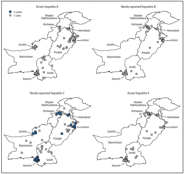 The figure shows the geographic distribution of reported viral hepatitis cases, by virus type, in Pakistan during June 2010-March 2011. Most persons reported with viral hepatitis resided near one of the five reporting hospital, all of which were in large cities.